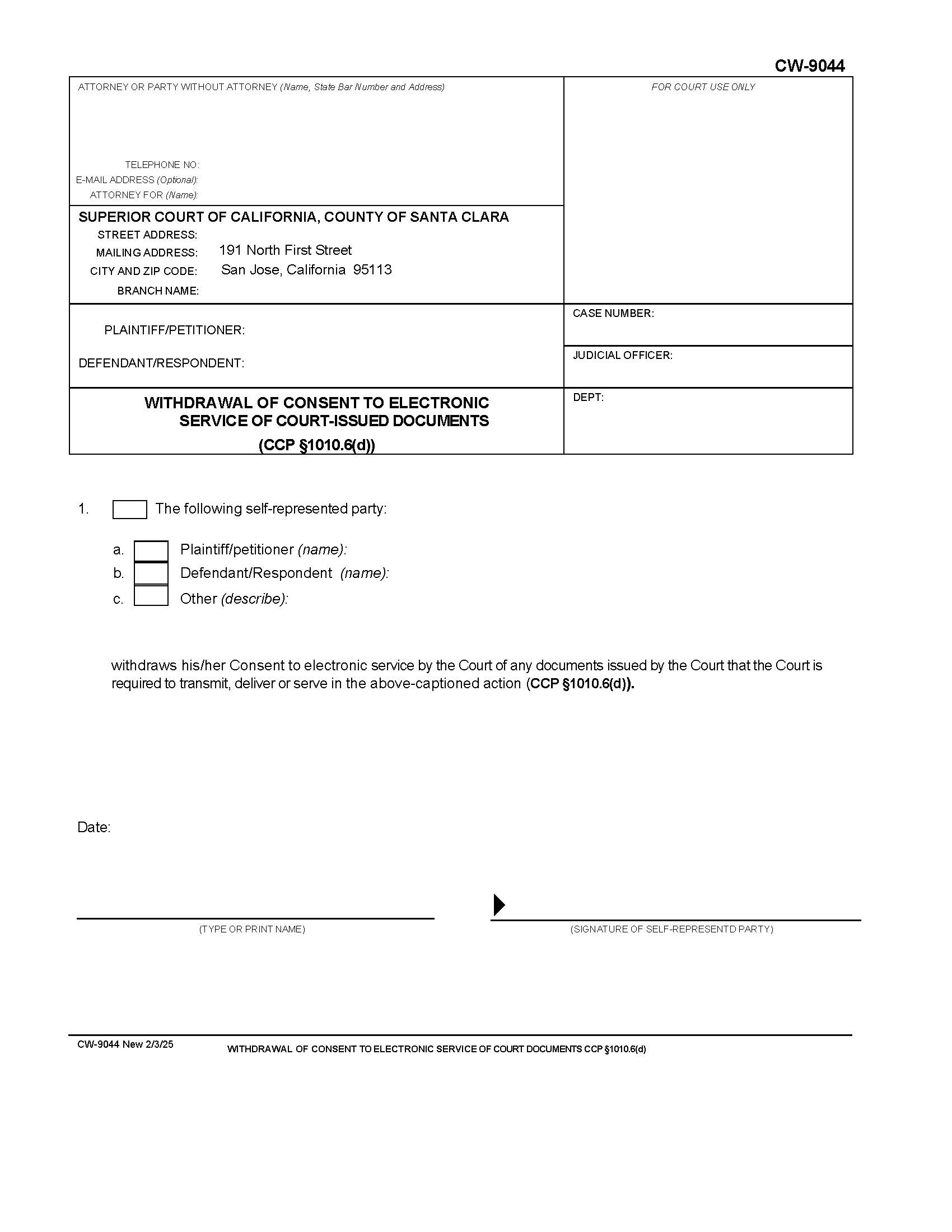 Withdrawal Of Consent To Electronic Service Of Court-Issued Documents {CW-9044} | Pdf Fpdf Docx | California