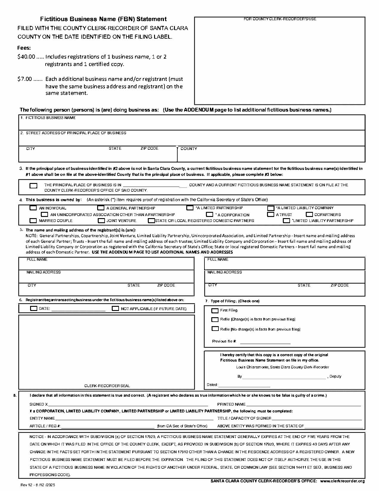 Fictitious Business Name Statement (Santa Clara) | Pdf Fpdf Doc Docx | California