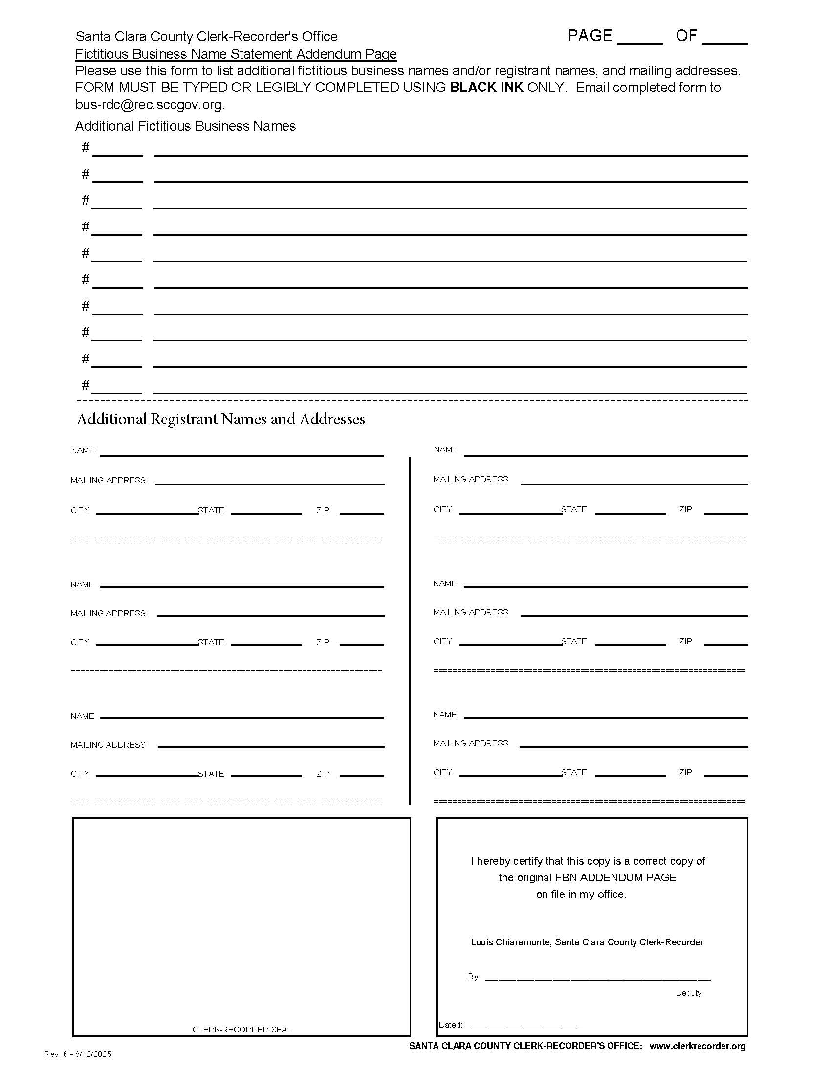 Fictitious Business Name Statement Addendum (Santa Clara) | Pdf Fpdf Doc Docx | California