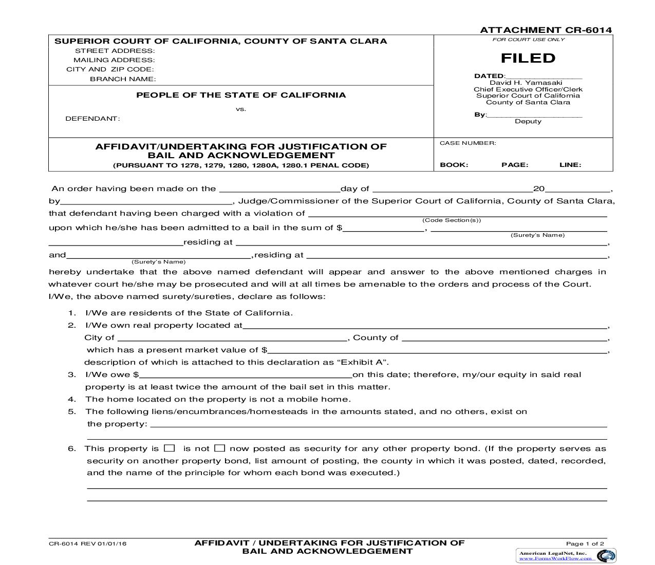 Affidavit-Undertaking For Justification Of Bail And Acknowledgement {CR-6014} | Pdf Fpdf Doc Docx | California