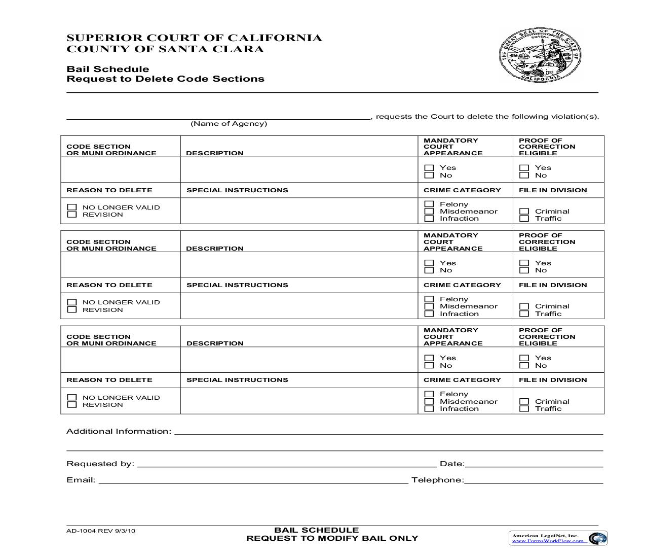 Bail Schedule Request To Delete Code Sections {AD-1004} | Pdf Fpdf Doc Docx | California