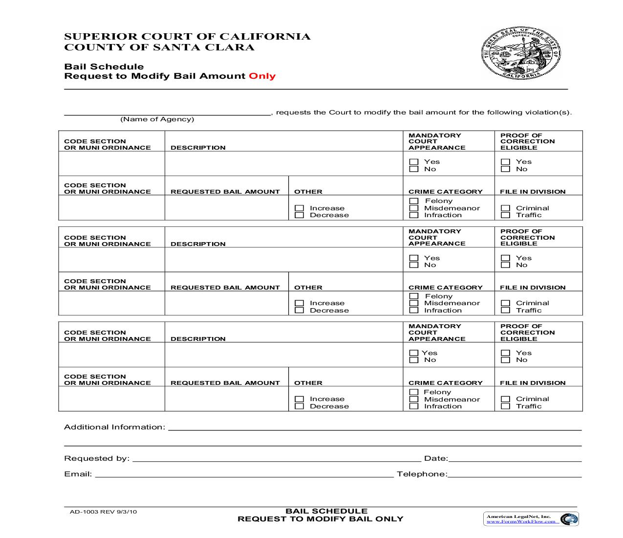 Bail Schedule Request To Modify Bail Only {AD-1003} | Pdf Fpdf Doc Docx | California