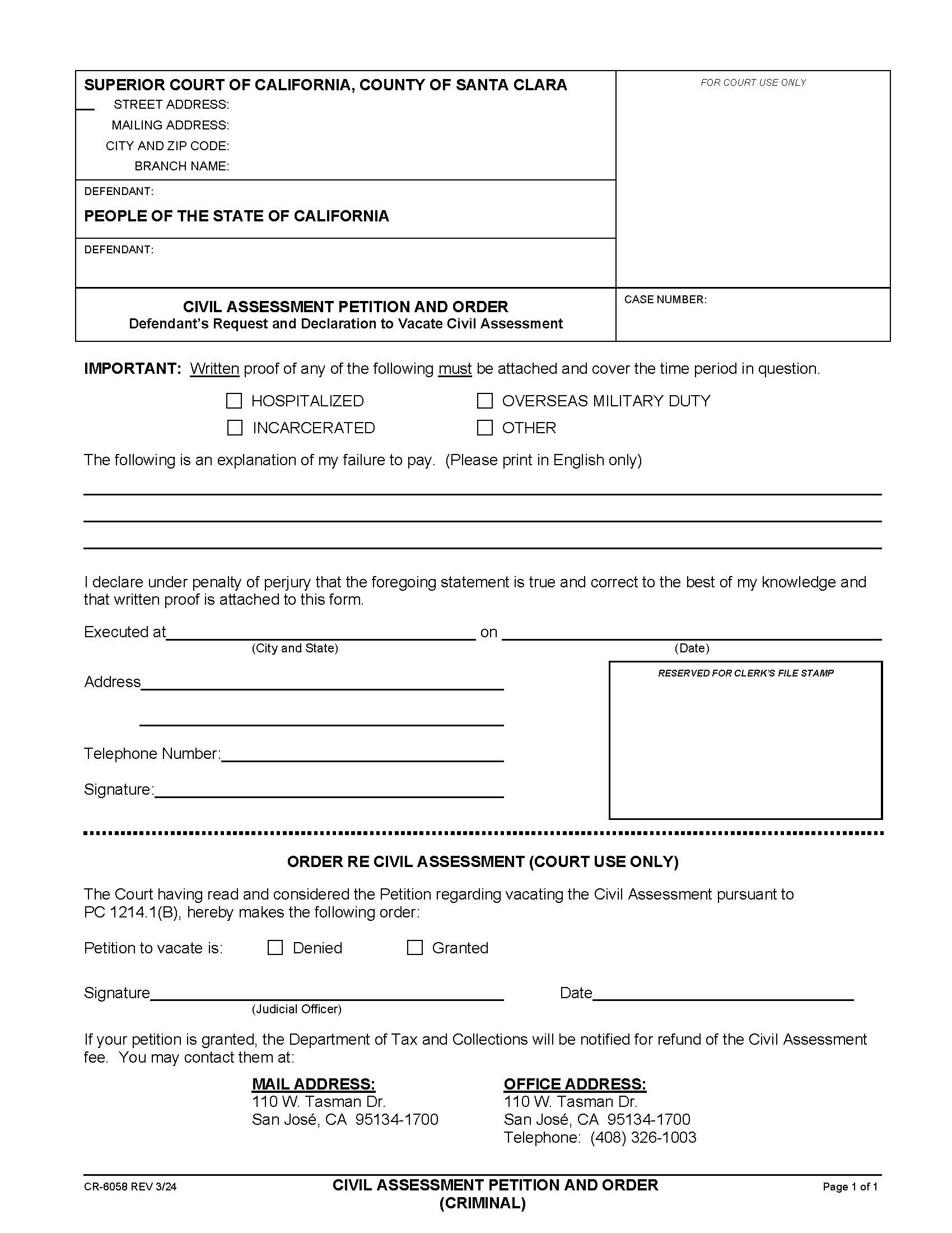 Civil Assessment Petition And Order (Criminal) {CR-6058} | Pdf Fpdf Doc Docx | California