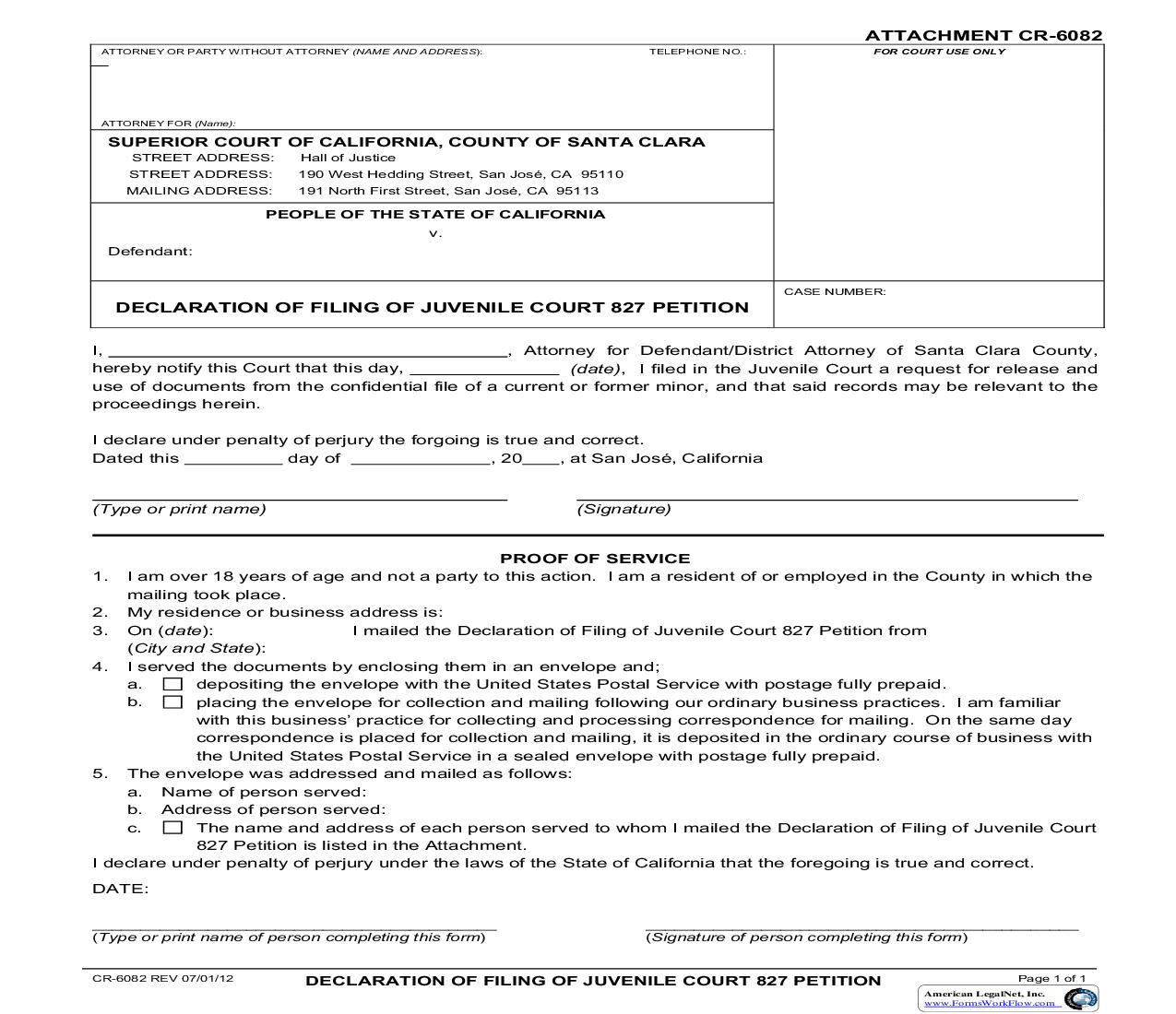 Declaration Of Filing Of Juvenile Court 827 Petition {CR-6082} | Pdf Fpdf Doc Docx | California