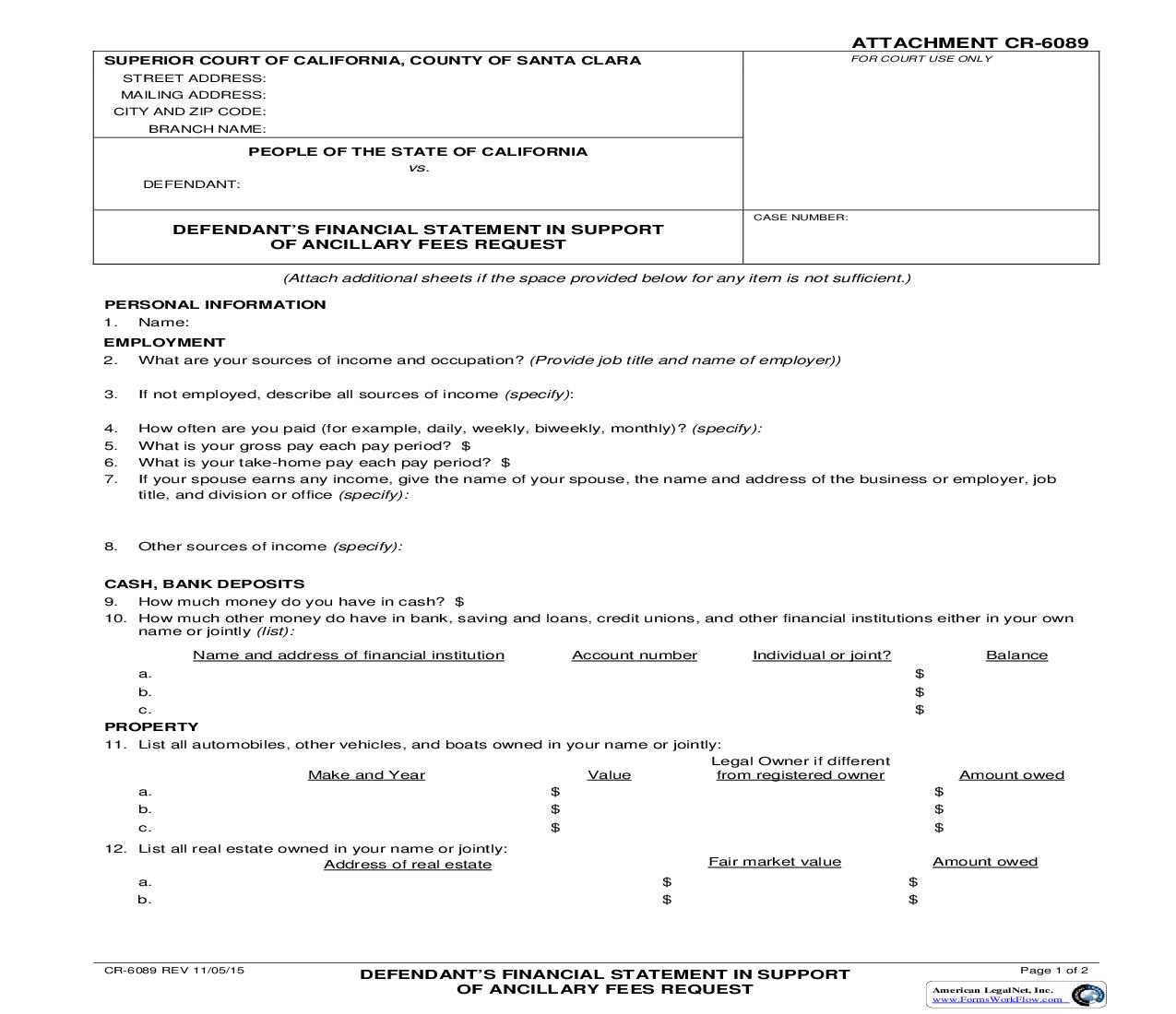 Defendents Financial Statement In Support Of Ancillary Fees Request {CR-6089} | Pdf Fpdf Doc Docx | California