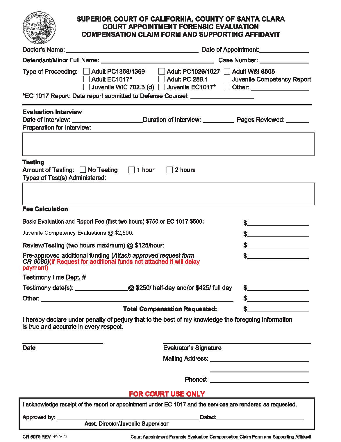 Forensic Evaluation Compensation Claim Form {CR-6079} | Pdf Fpdf Doc Docx | California