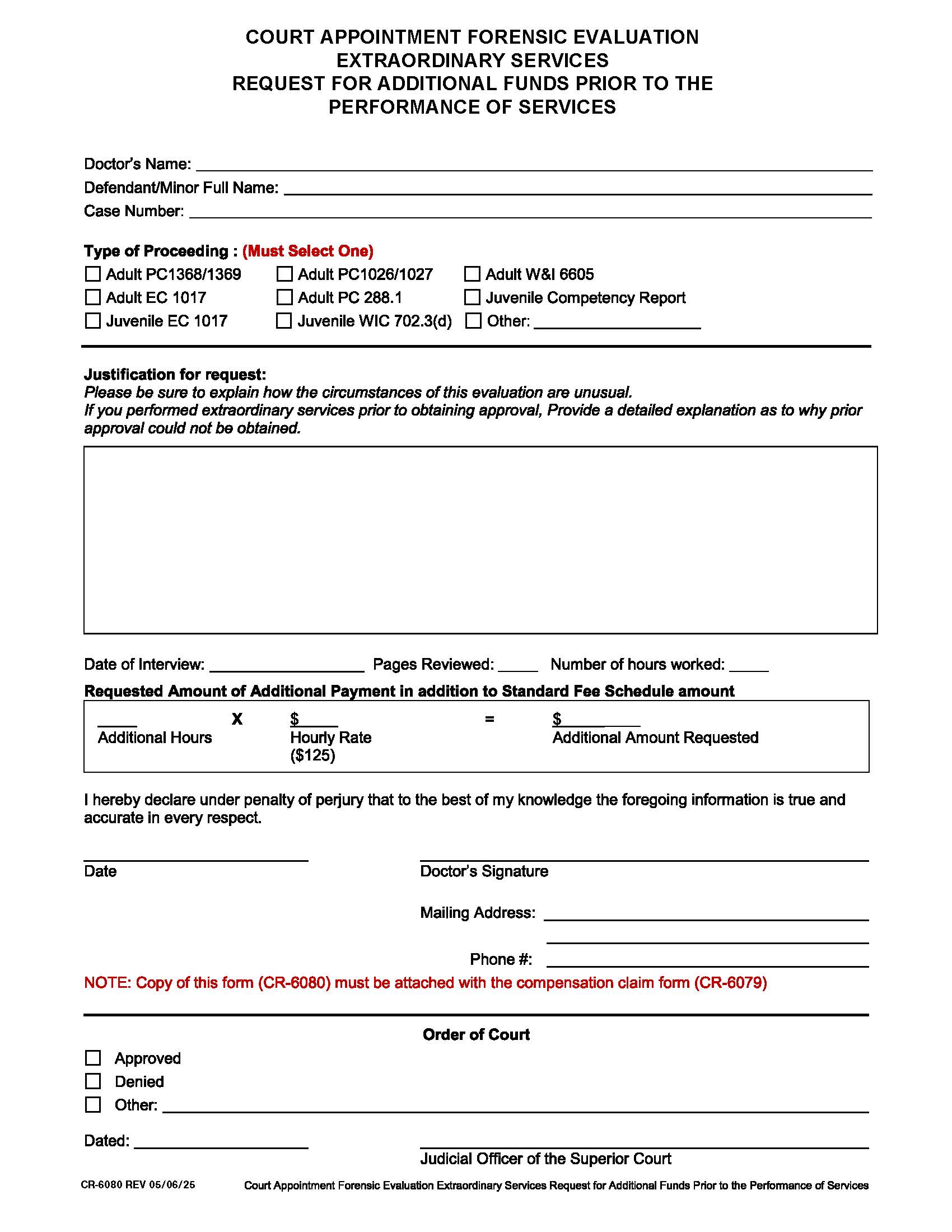 Forensic Evaluation Request For Additional Funds {CR-6080} | Pdf Fpdf Doc Docx | California