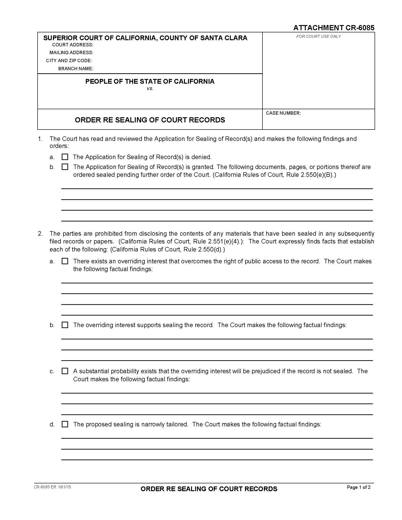 Order Re Sealing Of Court Records {CR-6085} | Pdf Fpdf Doc Docx | California