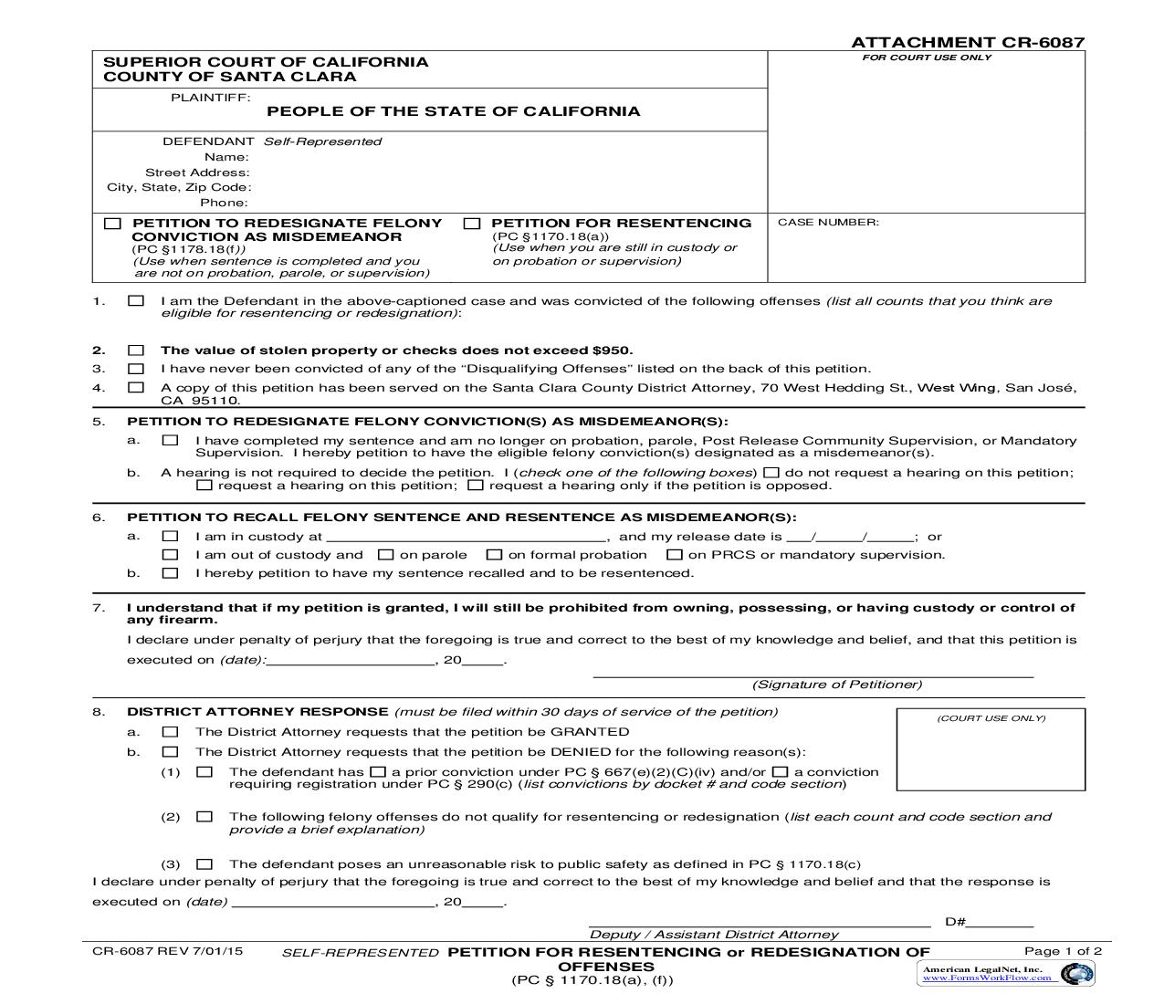 Petition For Resentencing Or Redesignation Of Offences {CR-6087} | Pdf Fpdf Doc Docx | California