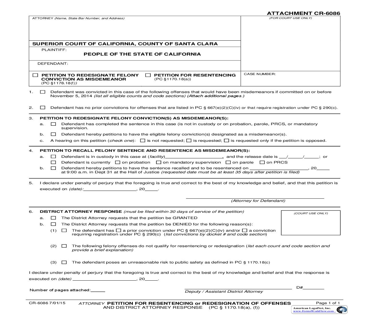 Petition For Resentencing Or Redesignation Of Offences (And District Attorney Response) {CR-6086} | Pdf Fpdf Doc Docx | California