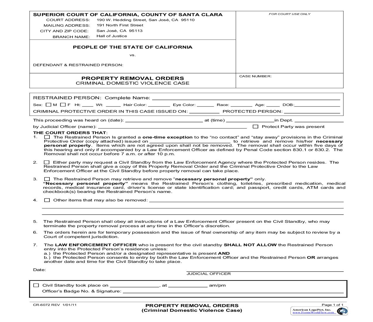 Property Removal Orders (Criminal Domestic Violence Cases) {CR-6072} | Pdf Fpdf Doc Docx | California