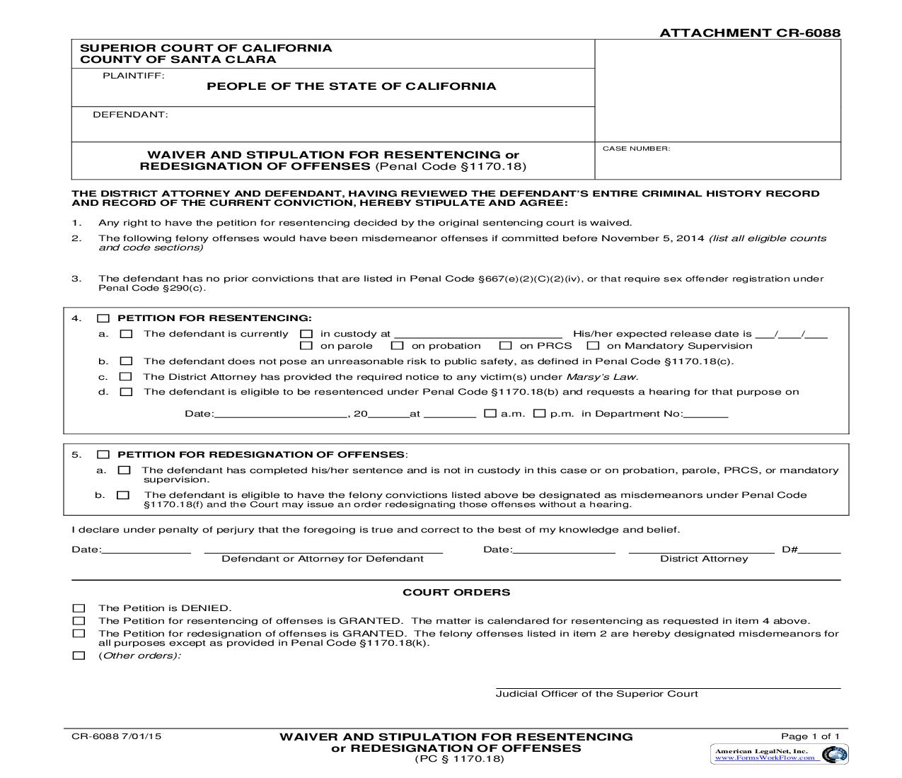 Waiver And Stipulation For Resentencing Or Redesignation Of Offenses {CR-6088} | Pdf Fpdf Doc Docx | California