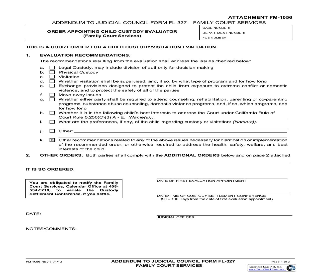 Addendum To FL-327 (Order Appointing Child Custody FCS Evaluator) {FM-1056} | Pdf Fpdf Doc Docx | California