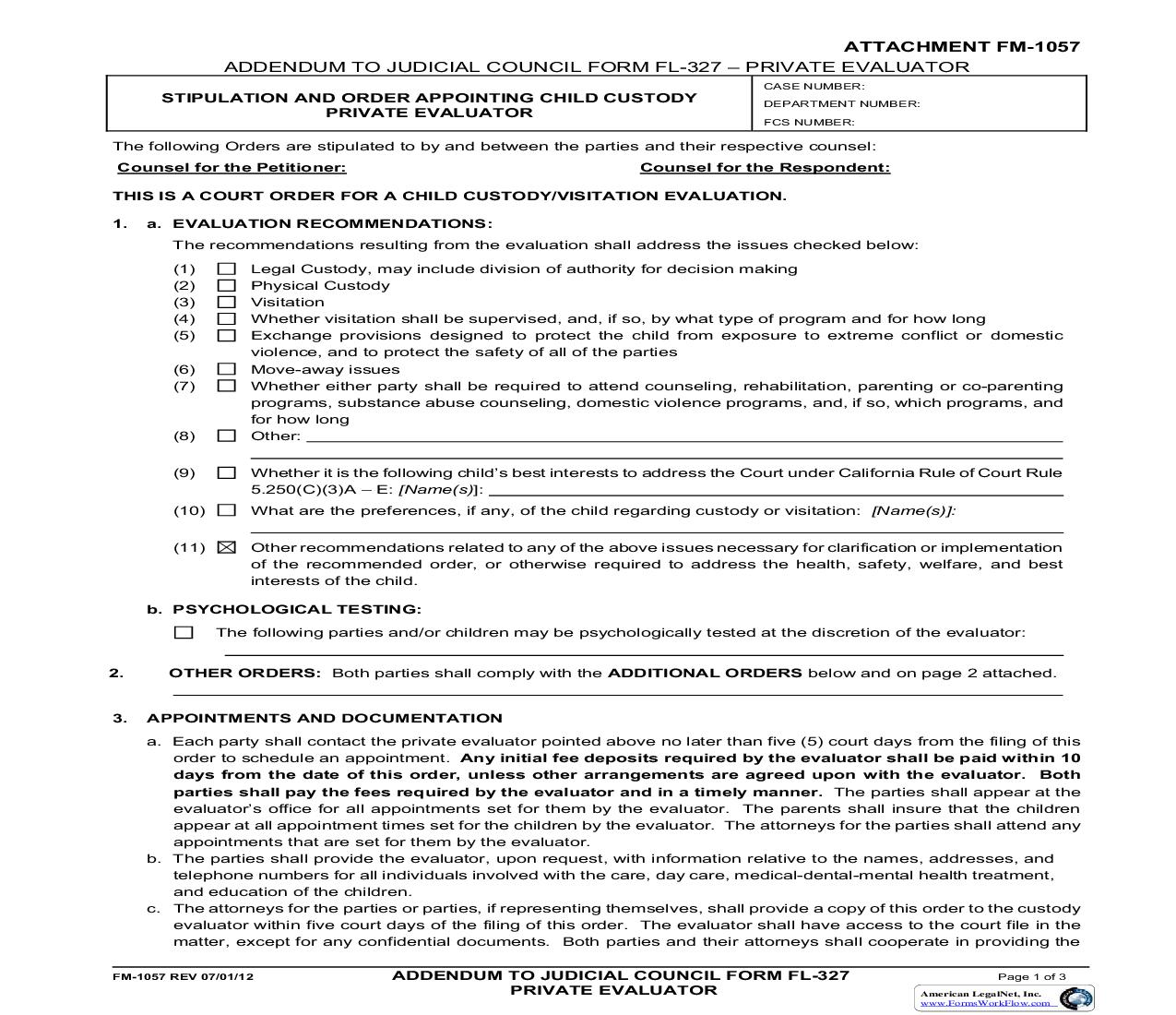 Addendum To FL-327 (Order For Child Custody Private Assessor-Evaluator) {FM-1057} | Pdf Fpdf Doc Docx | California
