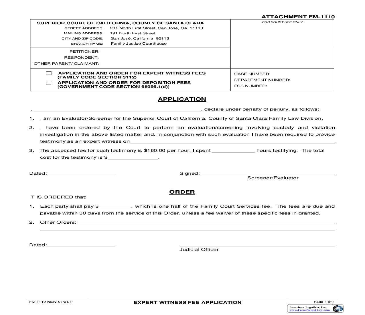 Application And Order For Expert Witness Fees {FM-1110} | Pdf Fpdf Doc Docx | California