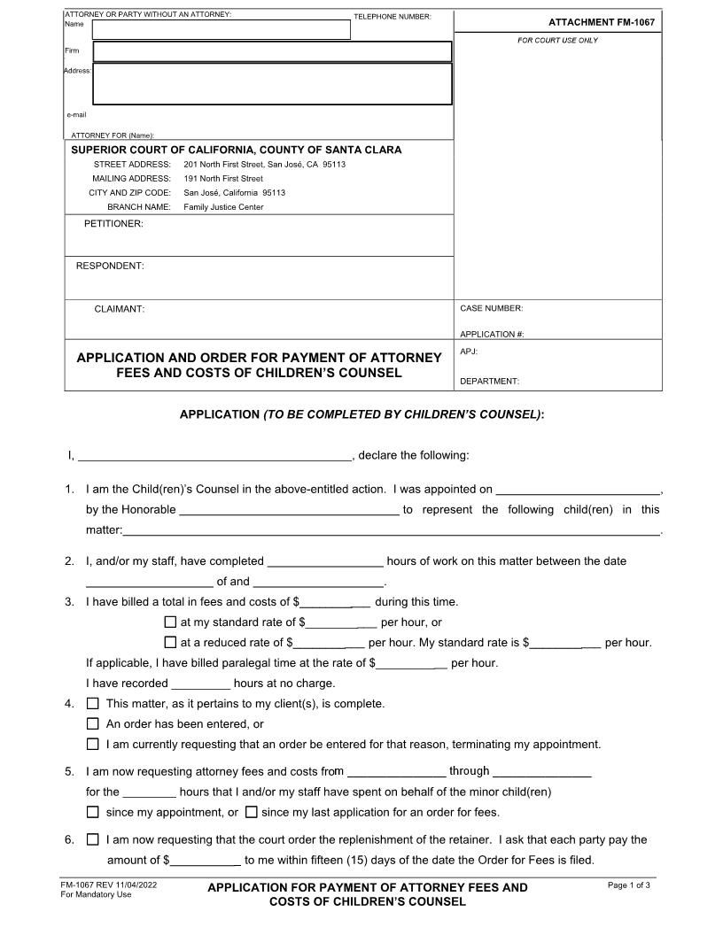 Application And Order For Payment Of Attorney Fees-Costs Of Childrens Counsel {FM-1067} | Pdf Fpdf Doc Docx | California