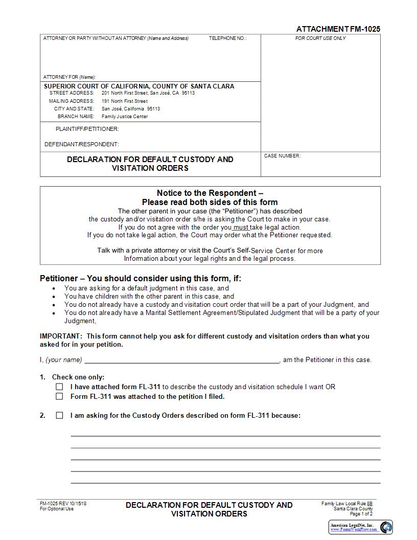 Declaration For Default Custody And Visitation Orders {FM-1025} | Pdf Fpdf Docx | California