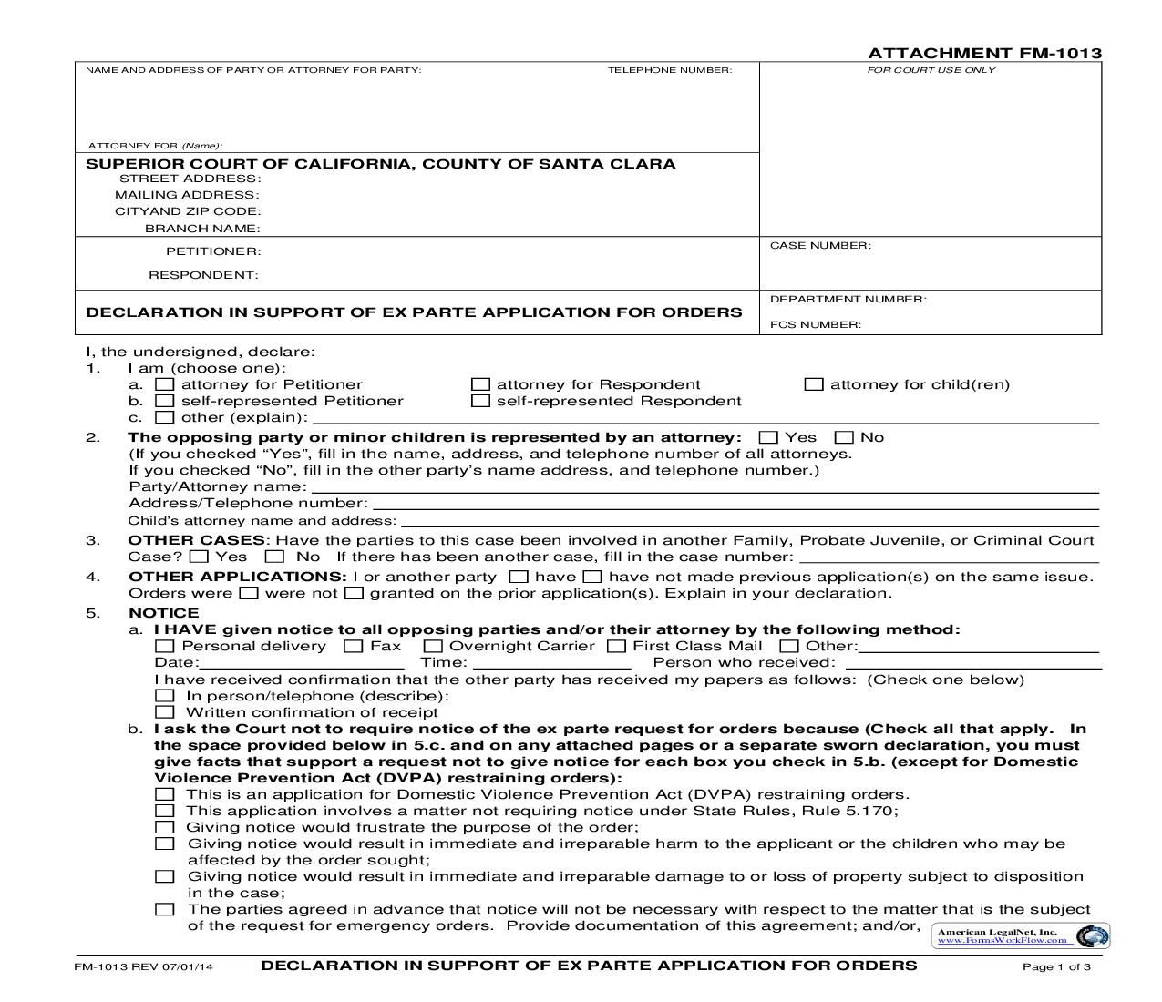 Declaration In Support Of Ex Parte Application For Orders {FM-1013} | Pdf Fpdf Doc Docx | California