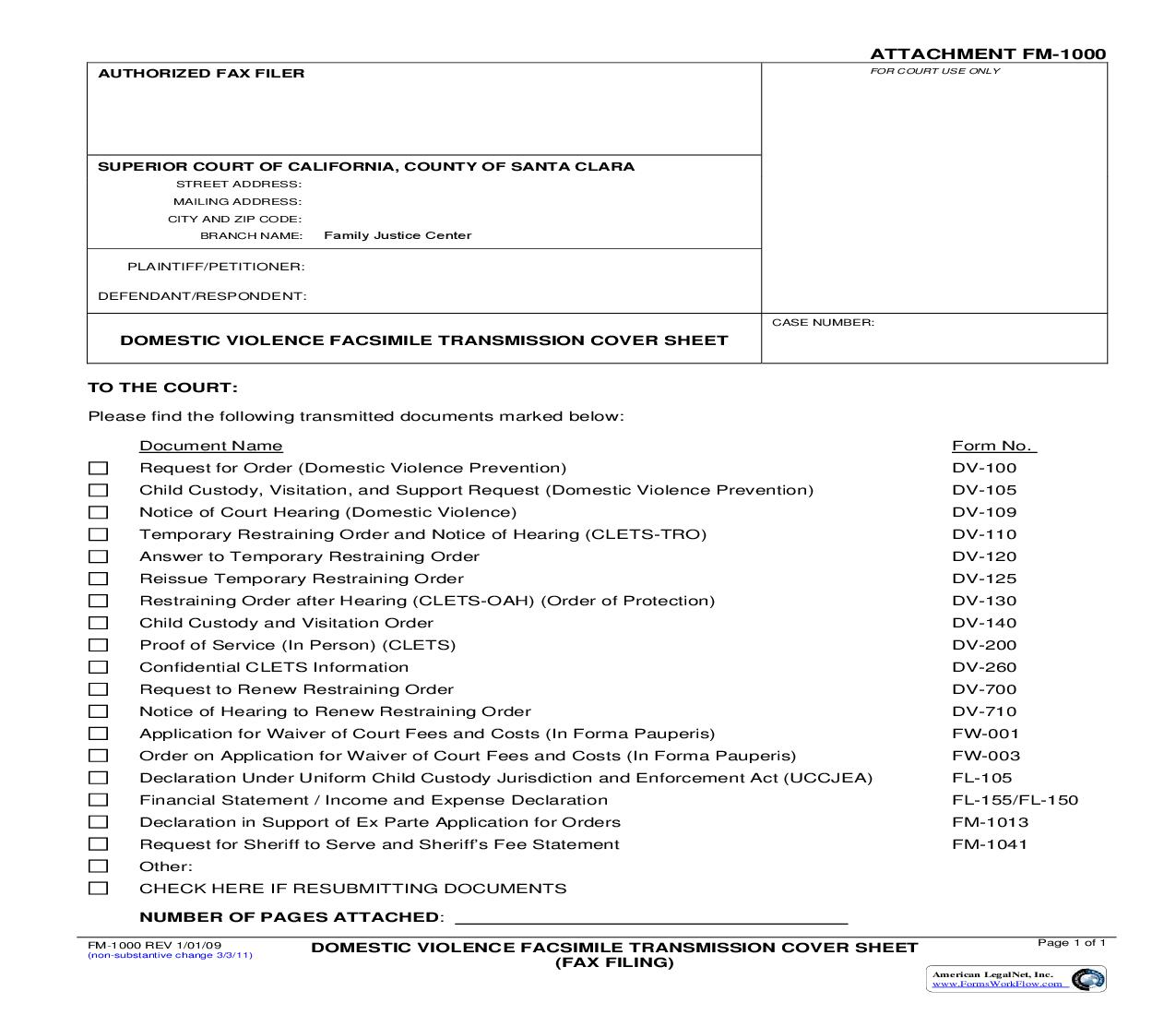 Domestic Violence Facsimile Transmission Cover Sheet Attachment A {FM-1000} | Pdf Fpdf Doc Docx | California