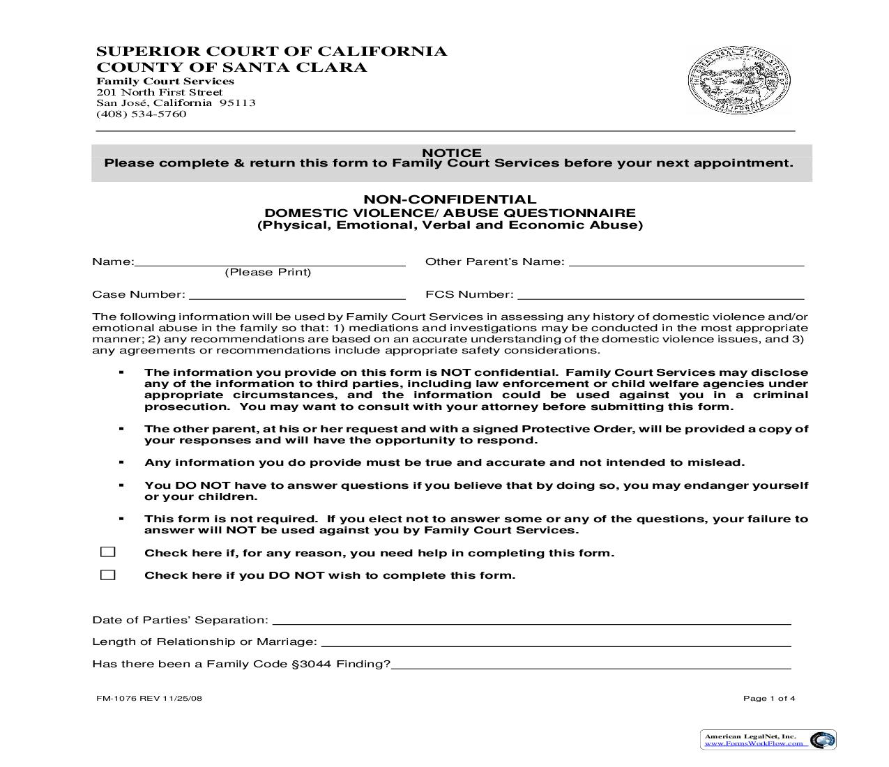 Domestic Violence-Abuse Questionnaire {FM-1076} | Pdf Fpdf Doc Docx | California