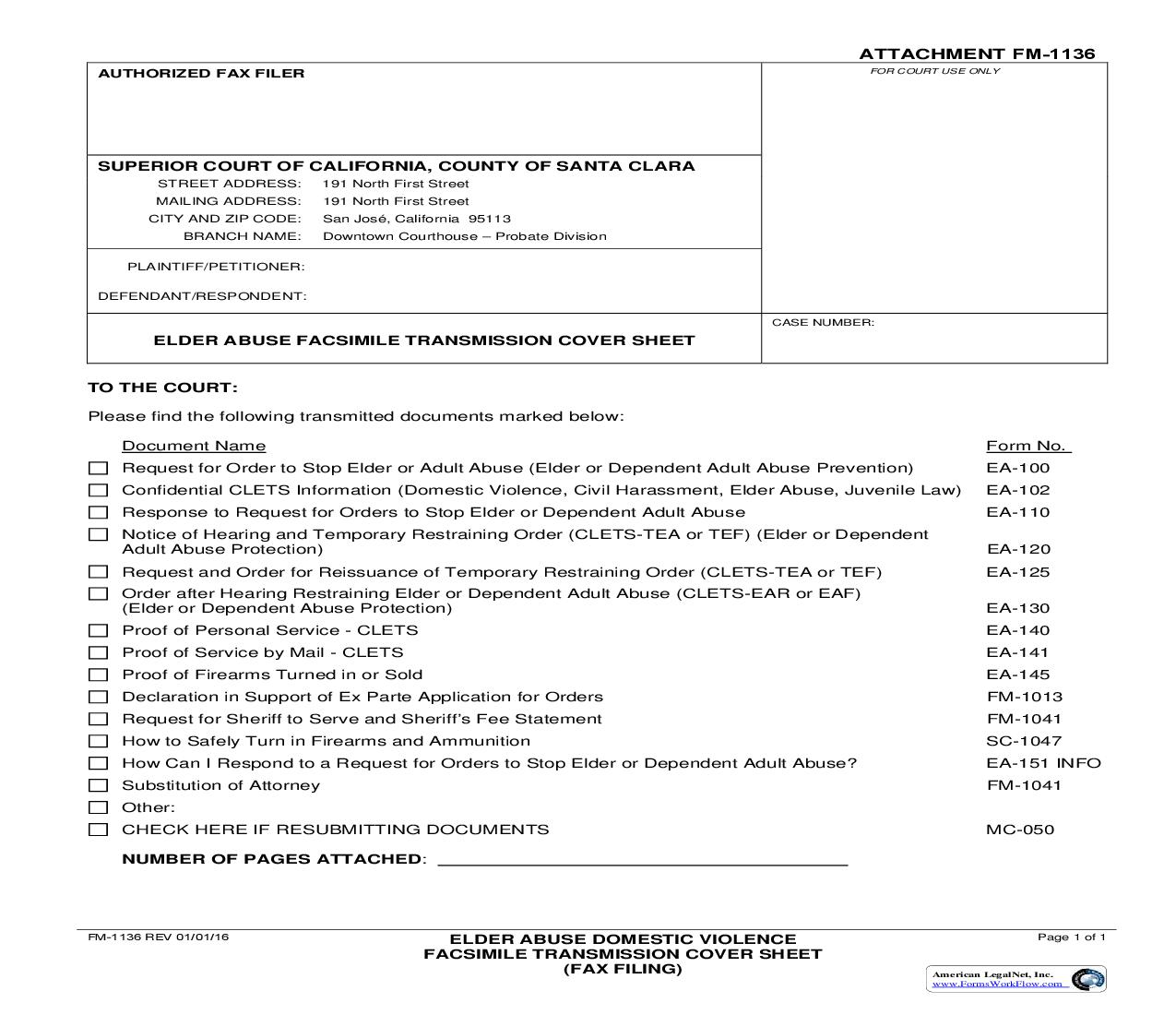 Elder Abuse Domestic Violence Facsimile Transmission Cover Sheet (Fax Filing) {FM-1136} | Pdf Fpdf Doc Docx | California