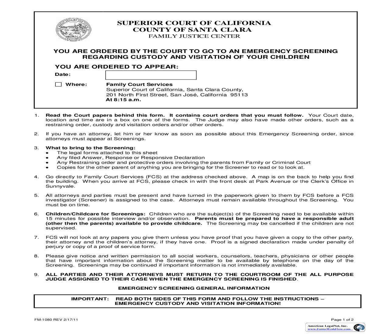 Emergency Screening Form (FCS) {FM-1080} | Pdf Fpdf Doc Docx | California