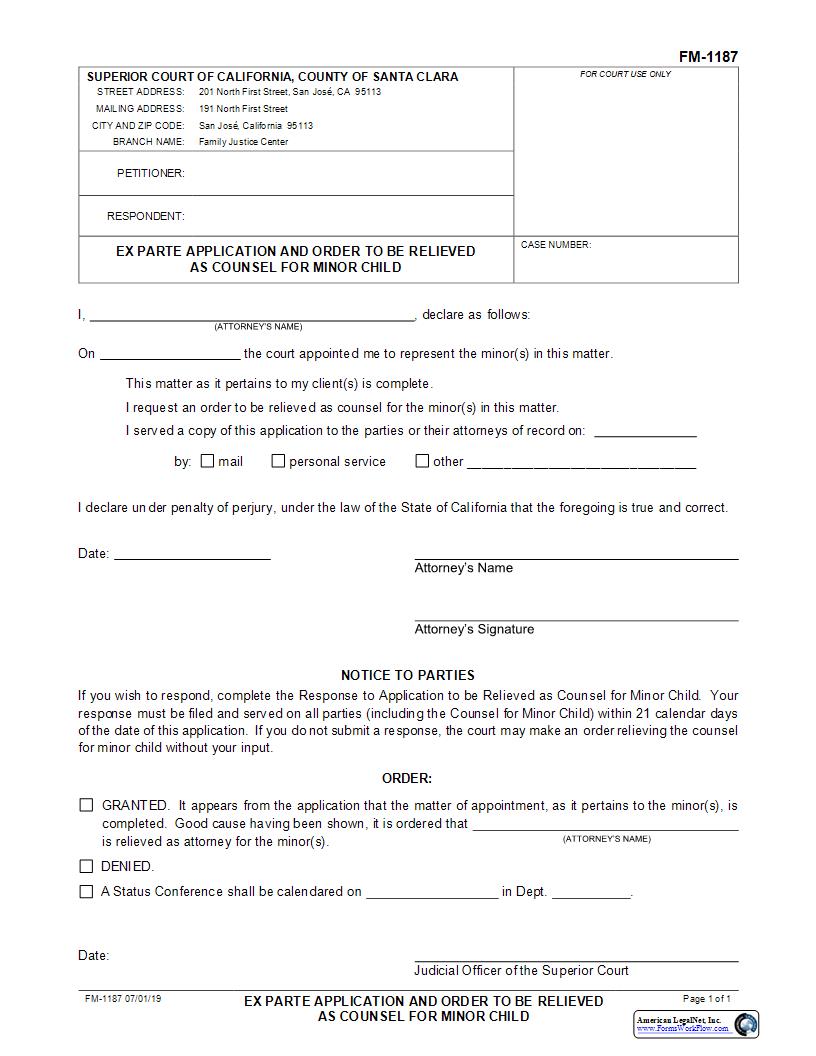 Ex Parte Application And Order To Be Relieved As Counsel For Minor Child {FM-1187} | Pdf Fpdf Docx | California