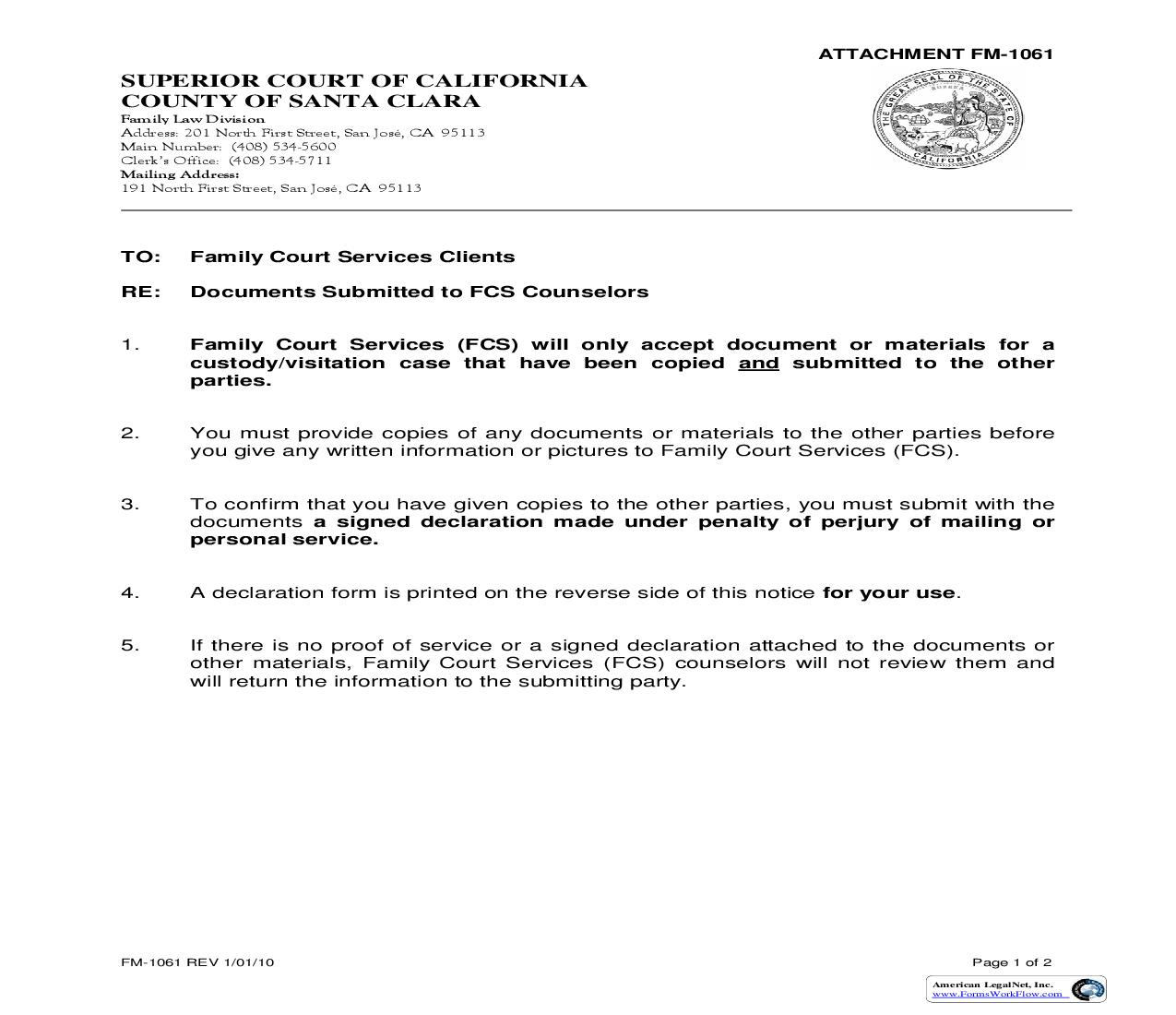 Family Court Services (FCS) Declaration Of Mailing Or Personal Service {FM-1061} | Pdf Fpdf Doc Docx | California