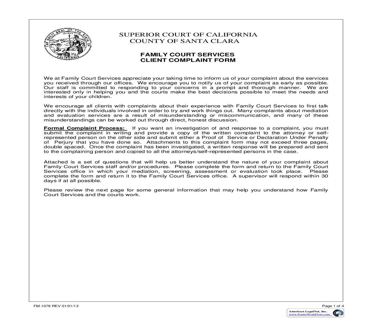 Family Court Services Client Complaint Form {FM-1078} | Pdf Fpdf Doc Docx | California