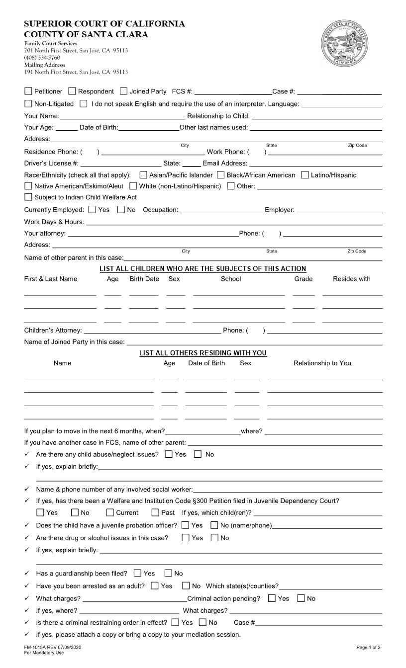 Family Court Services Intake Form {FM-1015A} | Pdf Fpdf Doc Docx | California