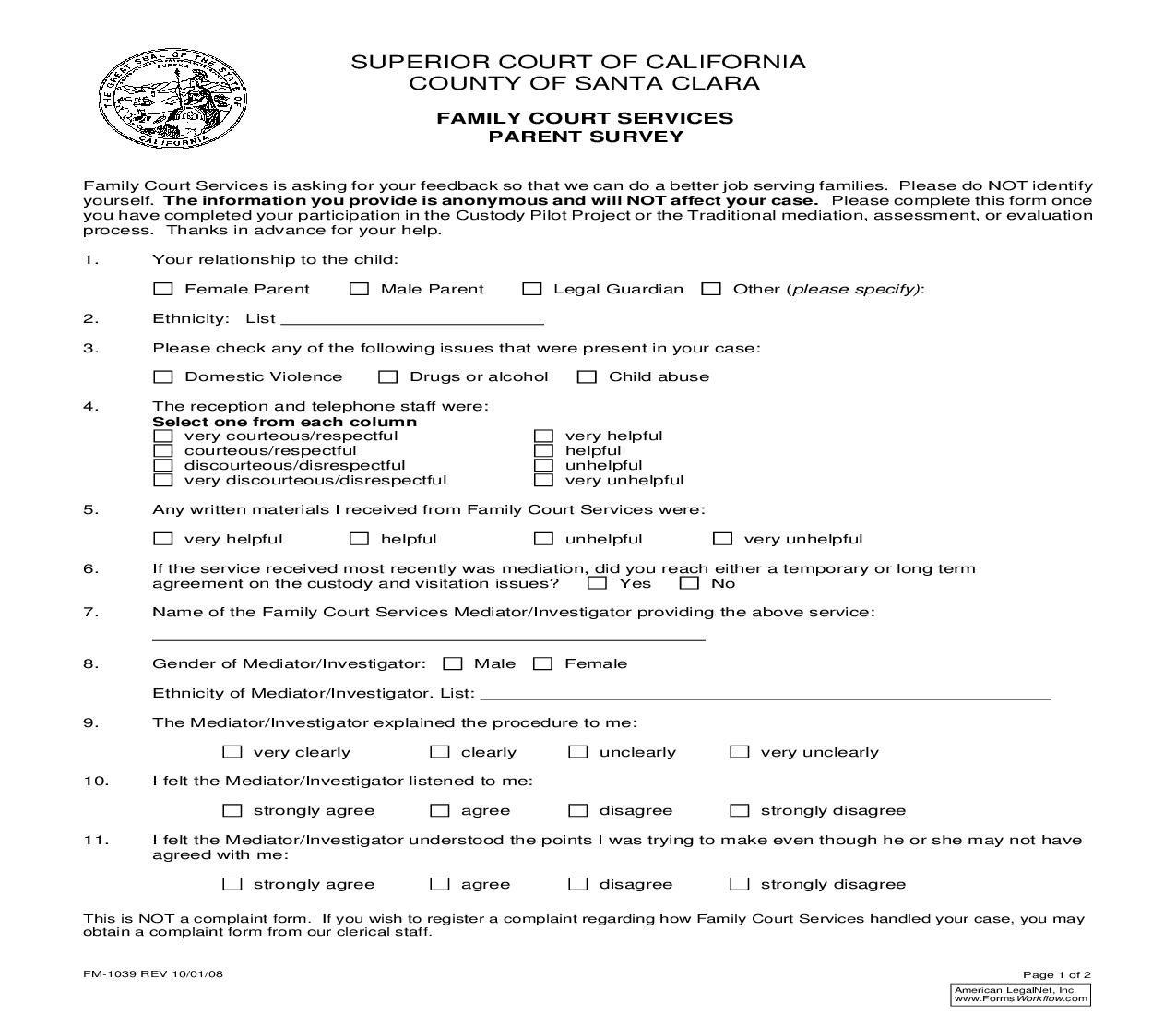 Family Court Services Parent Survey {FM-1039} | Pdf Fpdf Doc Docx | California