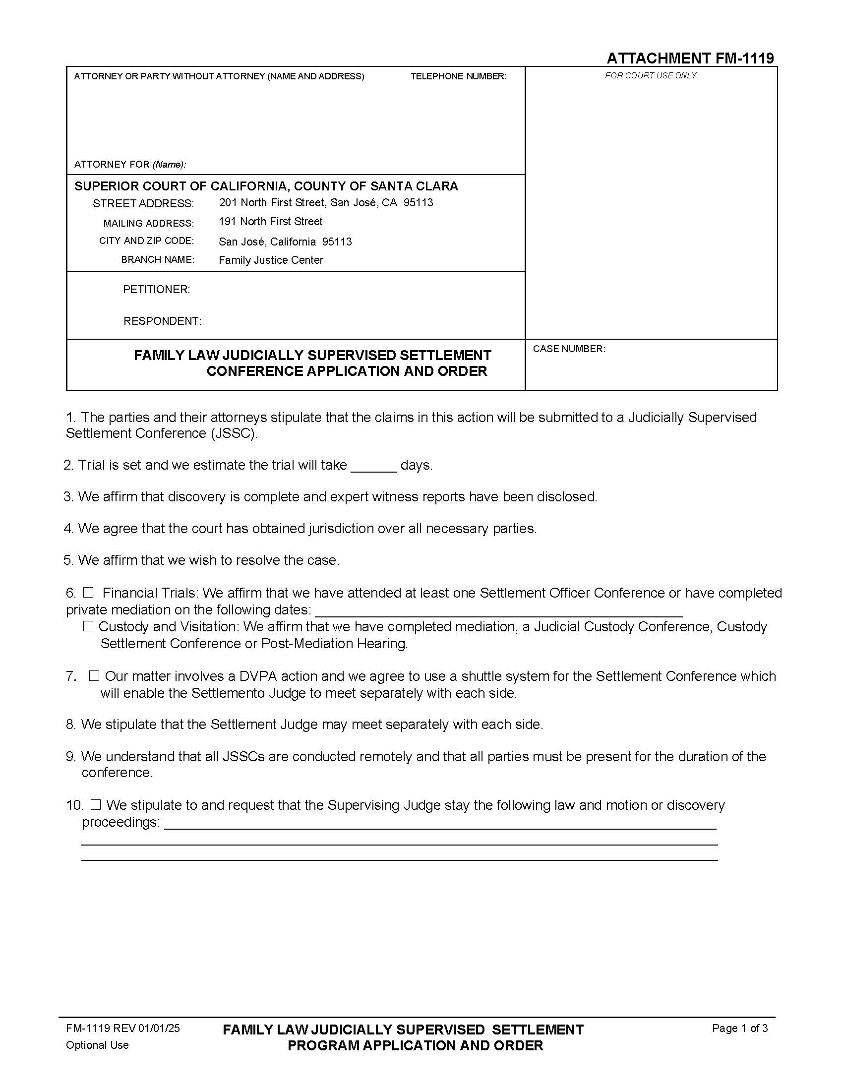 Family Law Judicial Settlement Program Stipulation And Order {FM-1119} | Pdf Fpdf Doc Docx | California