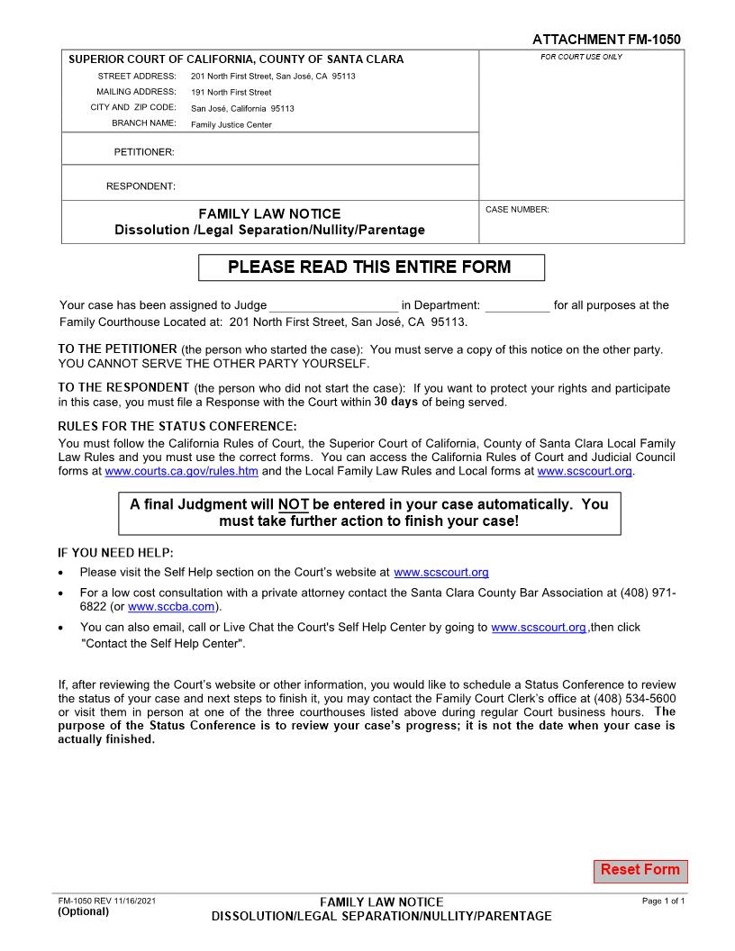 Family Law Notice Dissolution-Legal Separation {FM-1050} | Pdf Fpdf Doc Docx | California