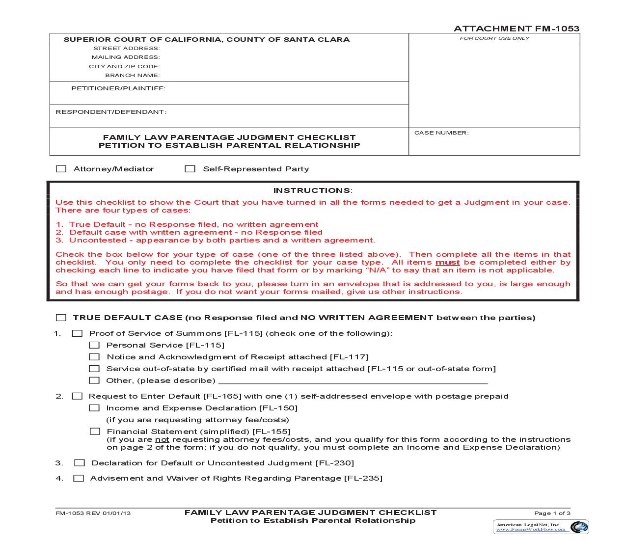 Family Law Parentage Judgment Checklist Petition To Establish Parental Relationship {FM-1053} | Pdf Fpdf Doc Docx | California
