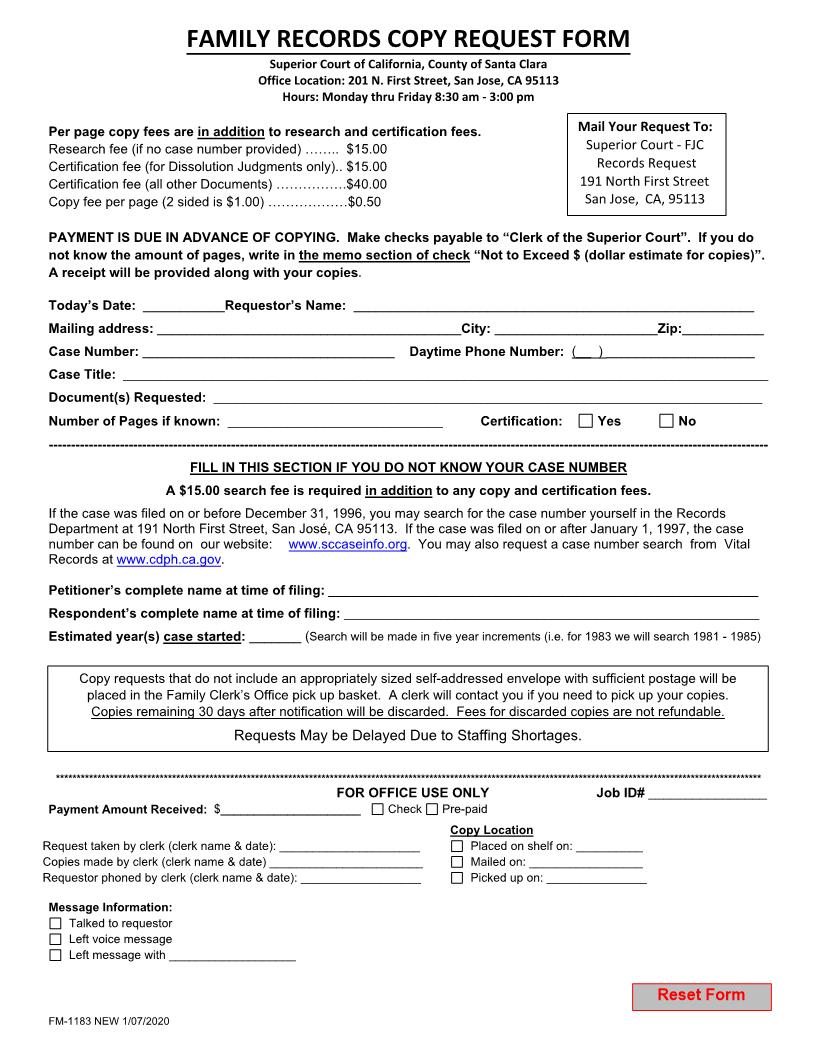 Family Records Copy Request Form {FM-1183} | Pdf Fpdf Doc Docx | California