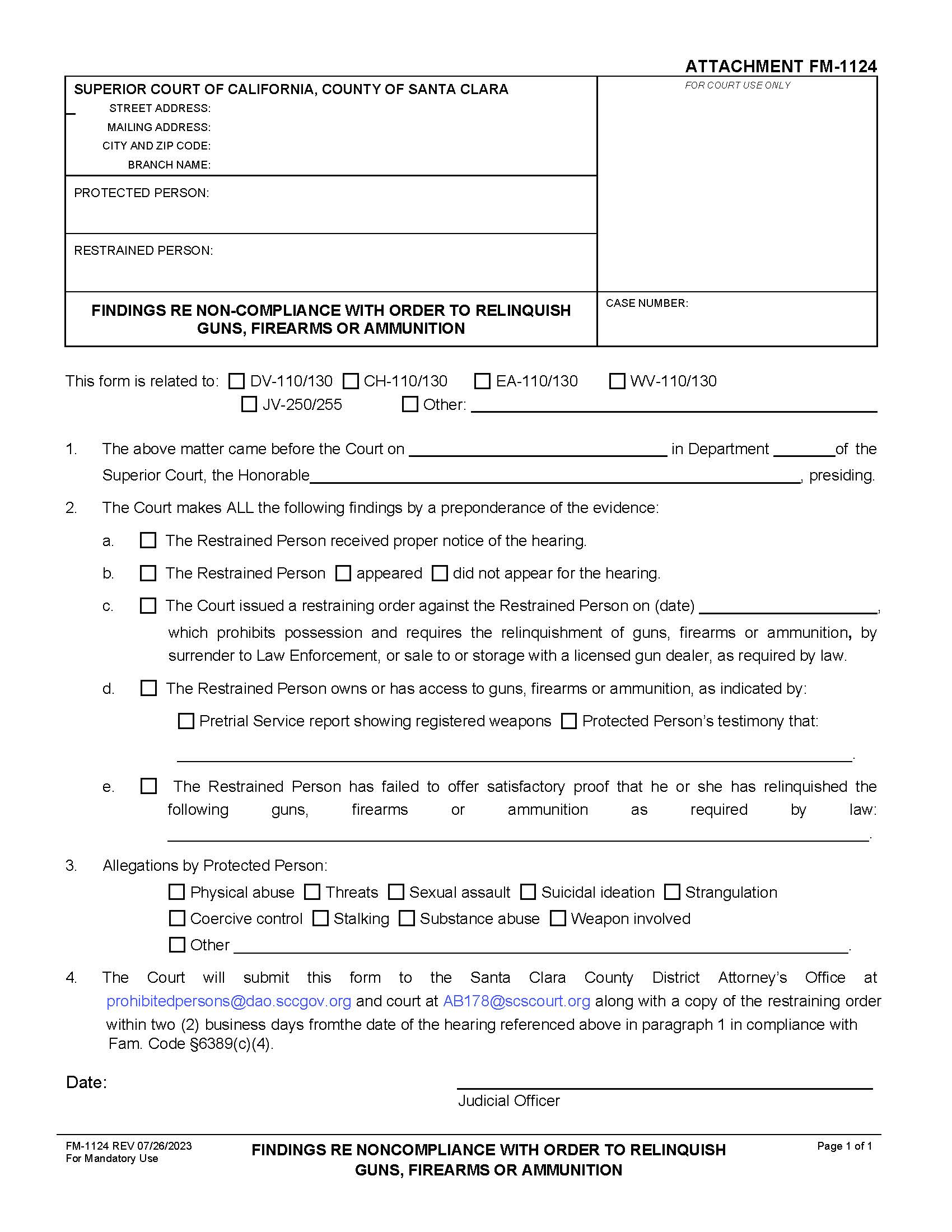 Findings Re Non-Compliance With Order To Surrender Guns Firearms Or Ammunition {FM-1124} | Pdf Fpdf Doc Docx | California