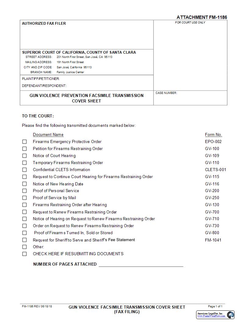 Gun Violence Facsimile Transmission Cover Sheet {FM-1186} | Pdf Fpdf Docx | California