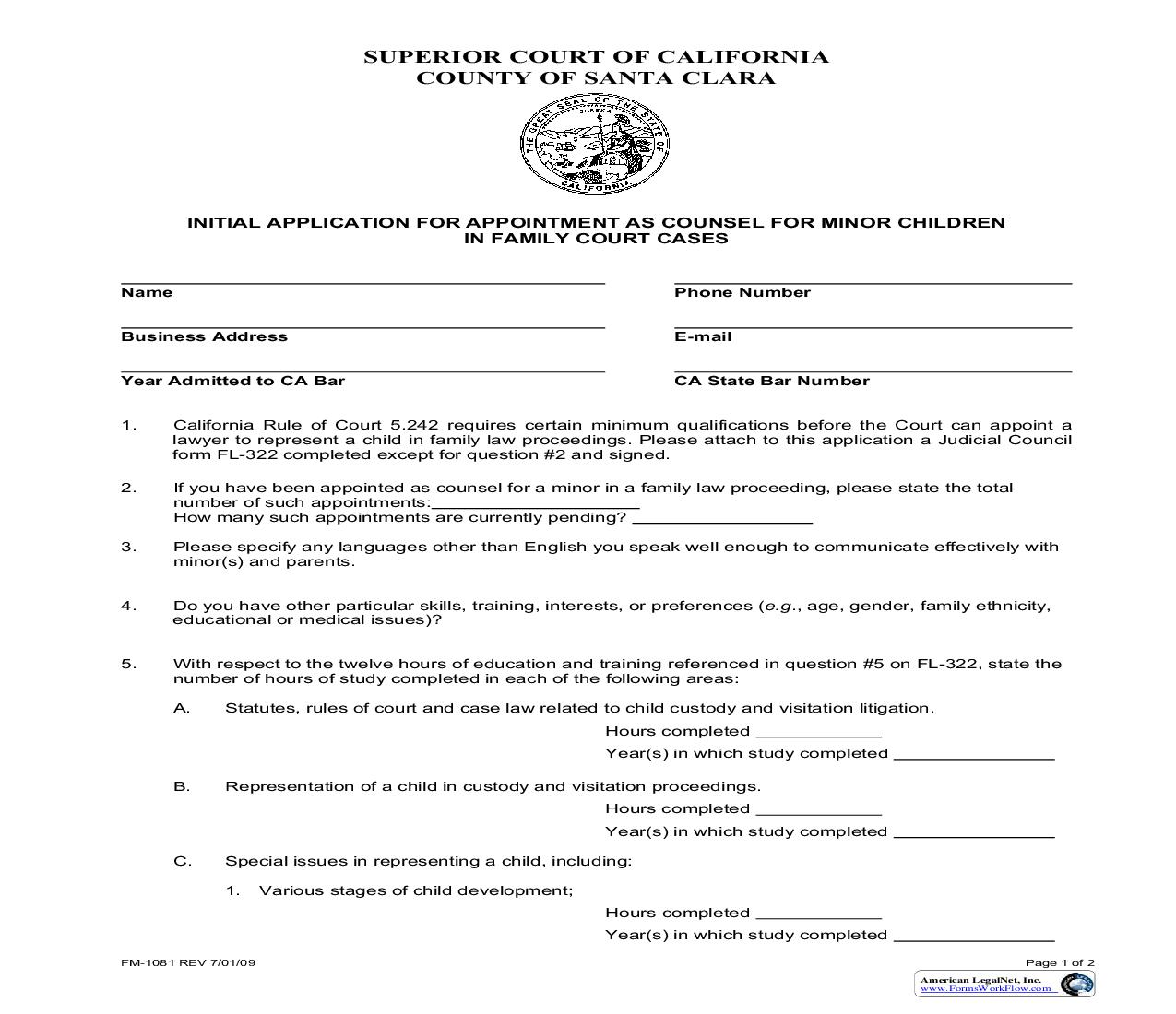 Initial Application For Appointment As Counsel For Minor Children {FM-1081} | Pdf Fpdf Doc Docx | California