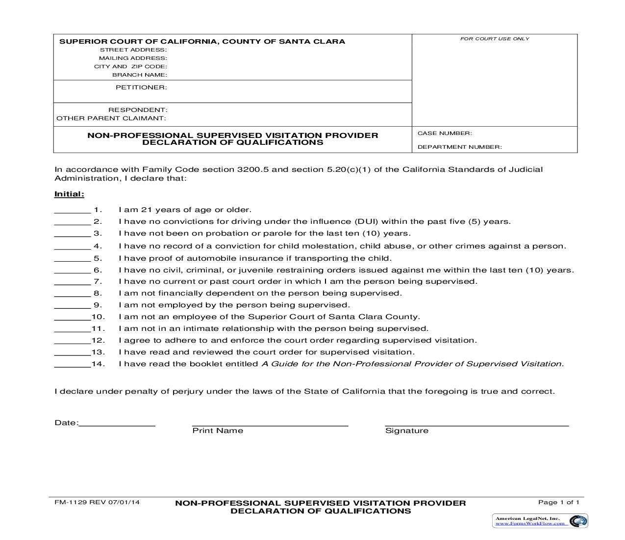 Non-Professional Supervised Visitation Provider Declaration Of Qualification {FM-1129} | Pdf Fpdf Doc Docx | California