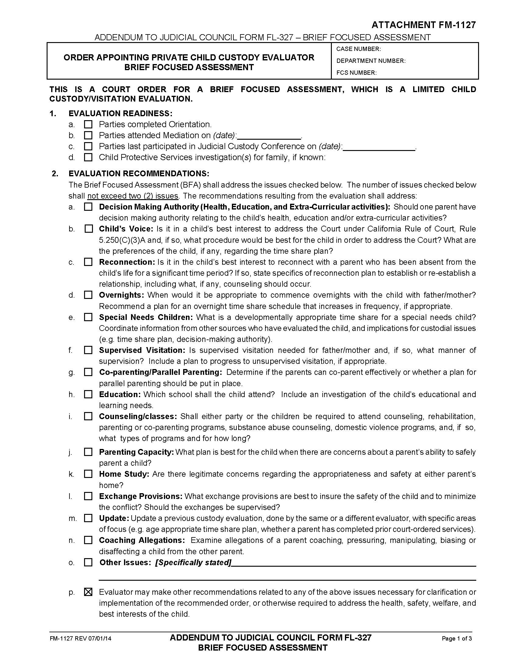 Order Appointing Private Child Custody Evaluator Brief Focused Assessment {FM-1127} | Pdf Fpdf Doc Docx | California