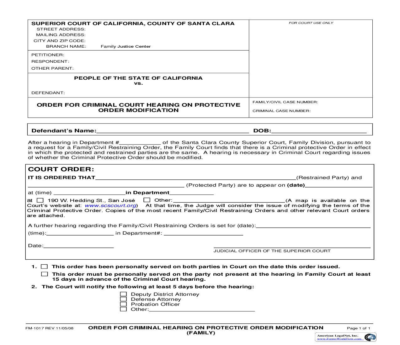 Order For Criminal Court Hearing On Protective Order Modification (Family) {FM-1017} | Pdf Fpdf Doc Docx | California