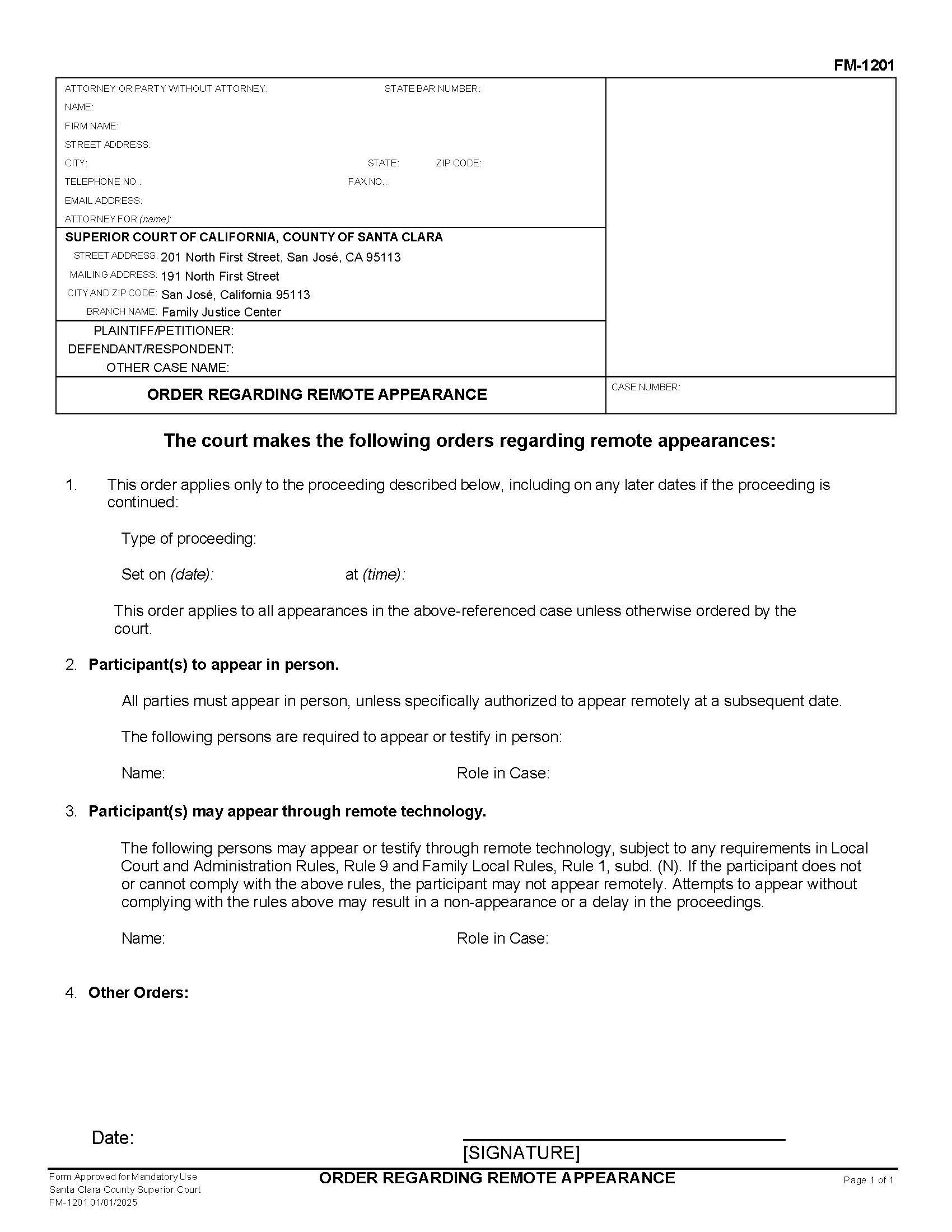 Order Re Remote Appearance (Family) {FM-1201} | Pdf Fpdf Docx | California