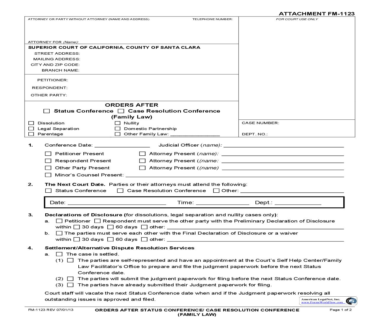 Orders After Status Conference-Case Resolution Conference (Family Law) {FM-1123} | Pdf Fpdf Doc Docx | California