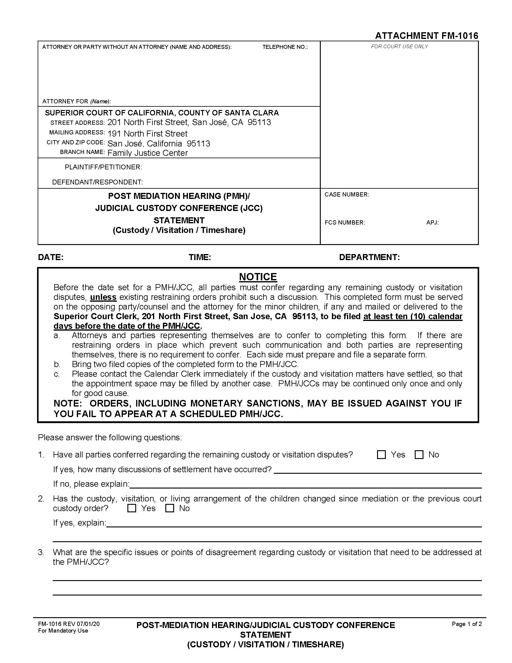 Post Mediation Hearing (PMH)-Judicial Custody Conference (JCC) Statement {FM-1016} | Pdf Fpdf Doc Docx | California
