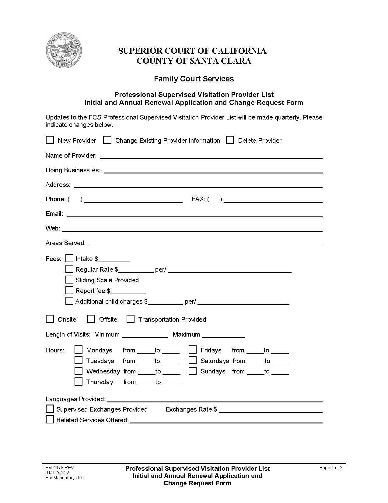 Professional Supervised Visitation Provider List Initial and Annual Renewal Application {FM-1179} | Pdf Fpdf Doc Docx | California