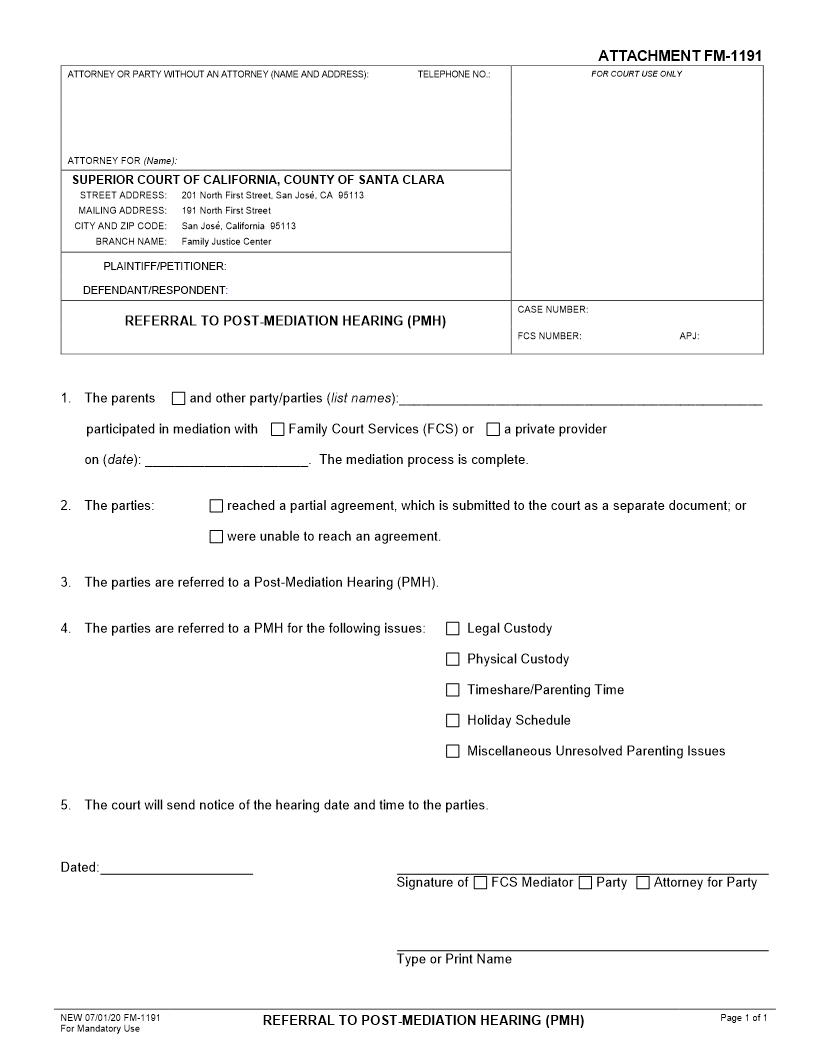 Referral To Post-Mediation Hearing (PMH) {FM-1191} | Pdf Fpdf Docx | California