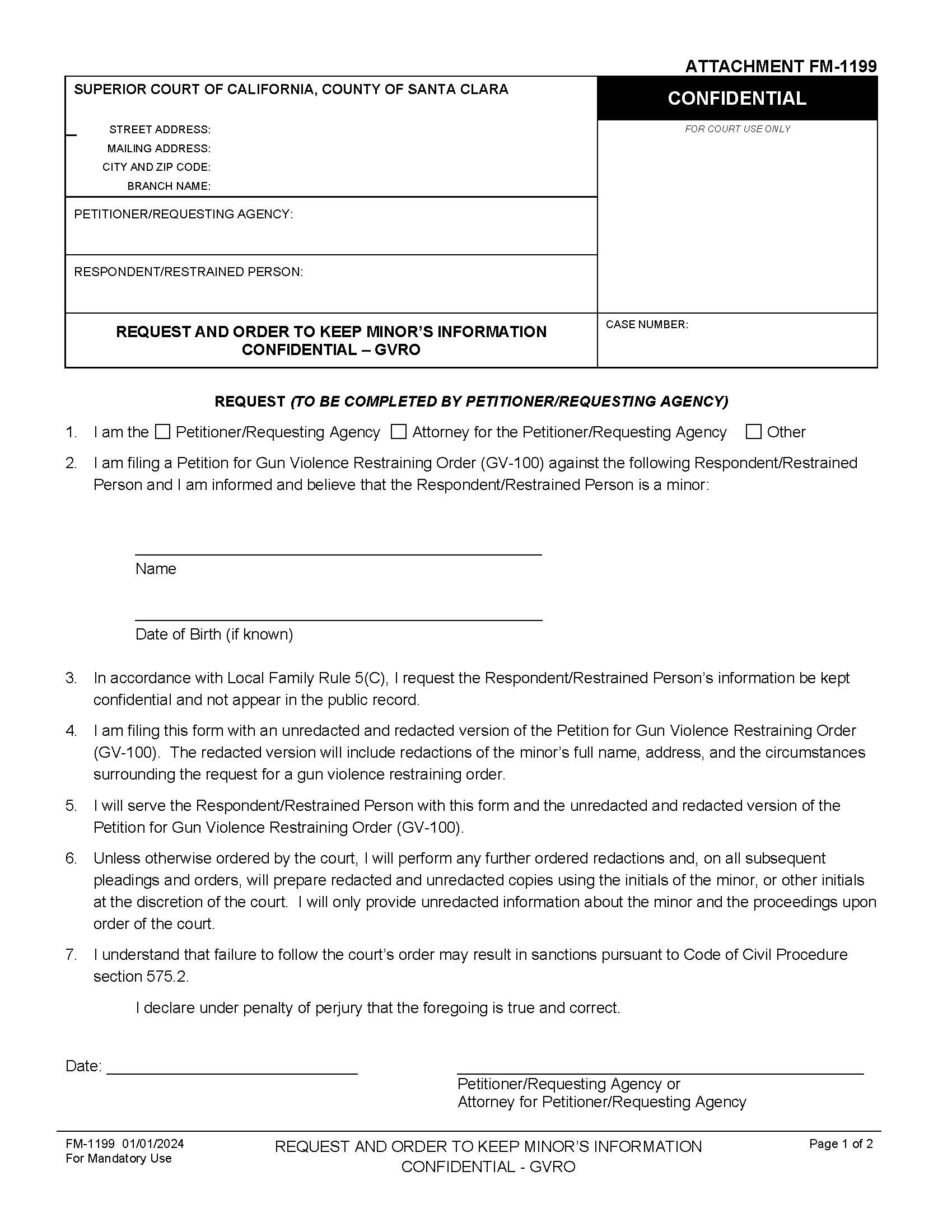 Request And Order To Keep Minors Information Confidential GVRO {FM-1199} | Pdf Fpdf Docx | California
