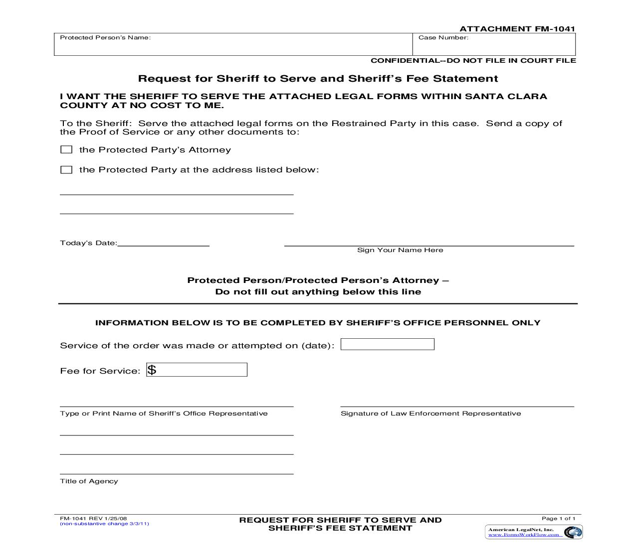 Request For Sheriff To Serve And Sheriffs Fee Statement {FM-1041} | Pdf Fpdf Doc Docx | California