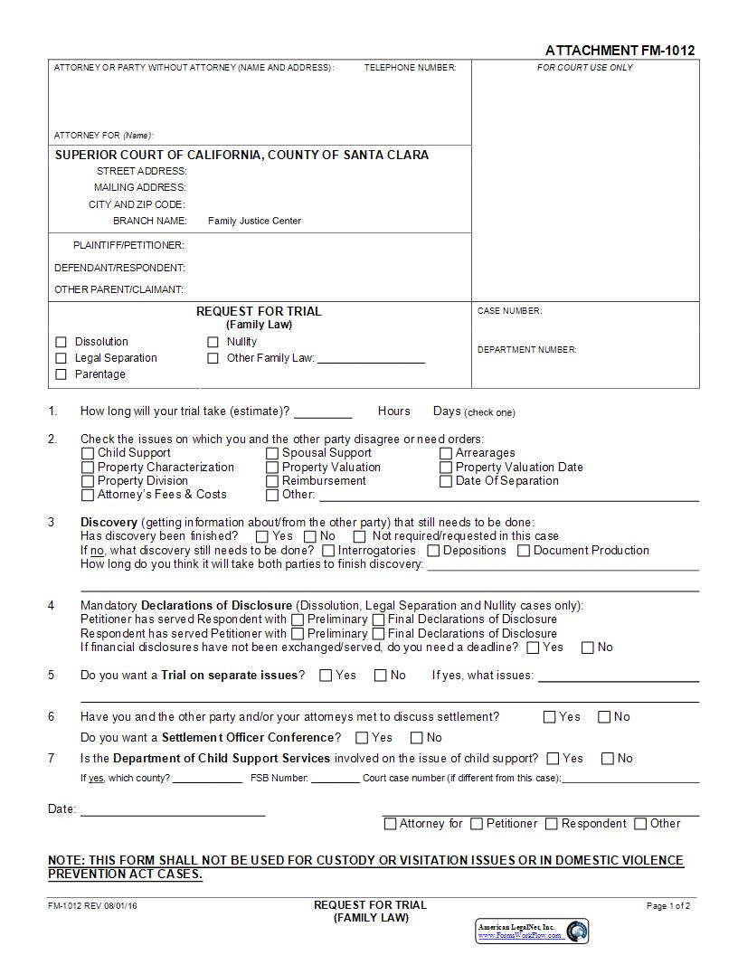 Request For Trial {FM-1012} | Pdf Fpdf Docx | California