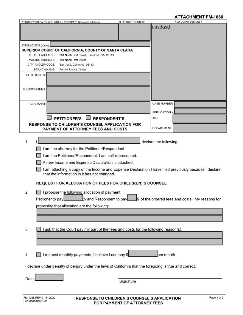 Response To Child(ren)s Counsels Application For Payment Of Attorney Fees {FM-1068} | Pdf Fpdf Doc Docx | California